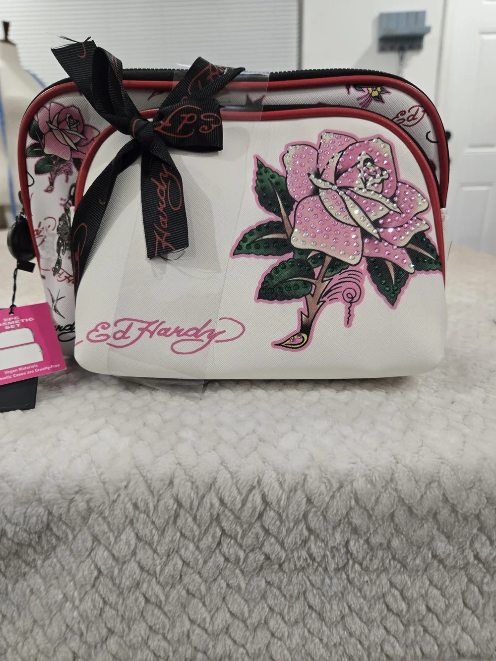 Ed Hardy White & Pink Floral Rhinestone Cosmetic Pouch. Travel Y2K NEW
